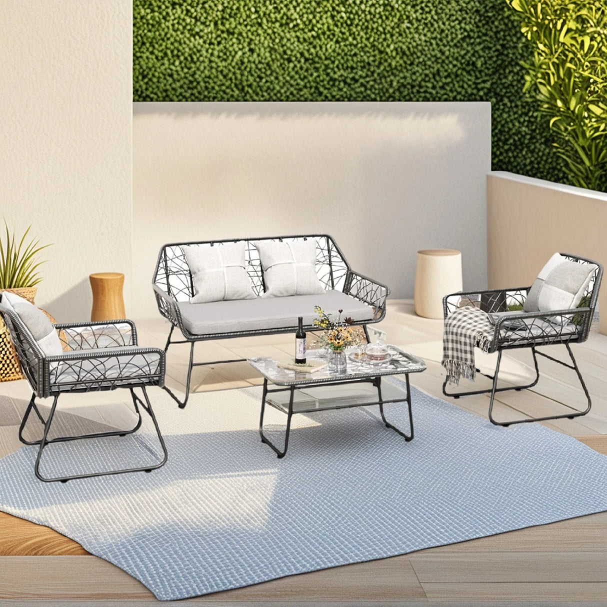 4 Piece Wicker Patio Furniture Set With Tempered Glass Table And Detachable Cushions - Furniture Home Direct