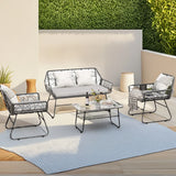 4 Piece Wicker Patio Furniture Set With Tempered Glass Table And Detachable Cushions - Furniture Home Direct