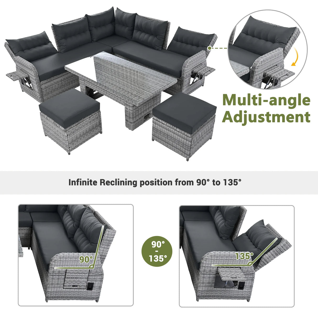 6 Piece Patio Set With An Adjustable Table, Recliners With Extendable Side Tables, And 2 Ottomans - Gray - Furniture Home Direct