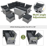 6 Piece Patio Set With An Adjustable Table, Recliners With Extendable Side Tables, And 2 Ottomans - Gray - Furniture Home Direct