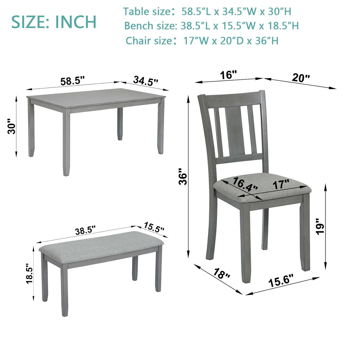6 Pieces Kitchen Dining Set, Rectangular Wooden Dining Table With 4 Upholstered Chairs And A Bench - Furniture Home Direct