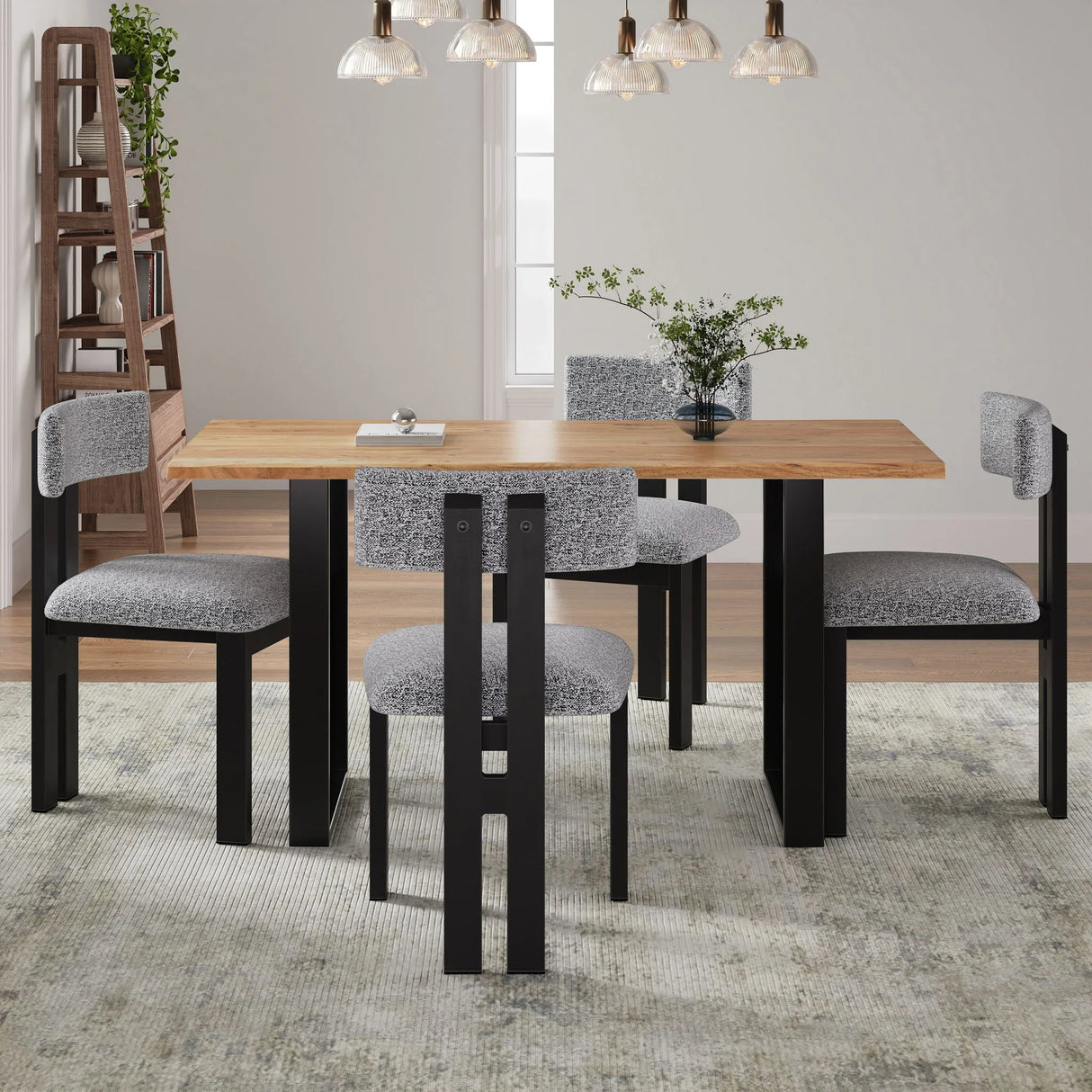 Mid Century 5 Piece Dining Set With Upholstered Metal Leg Chairs And Solid Wood Top Table - Black / White / Natural