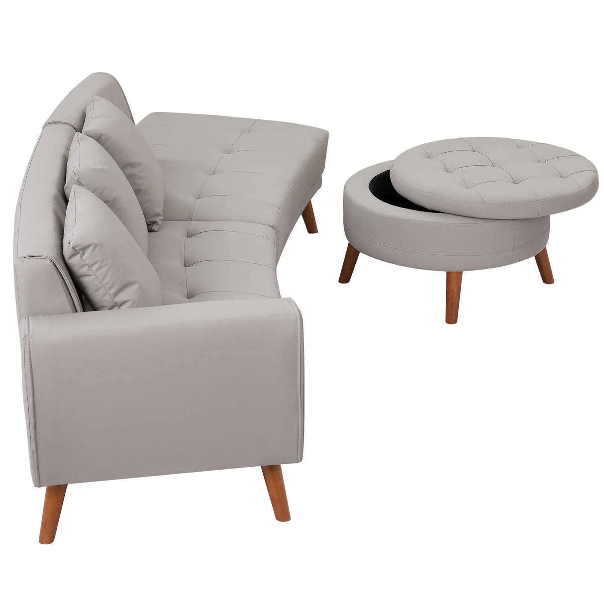 107 Inch Contemporary Sofa With Round Storage Ottoman Grey - Furniture Home Direct