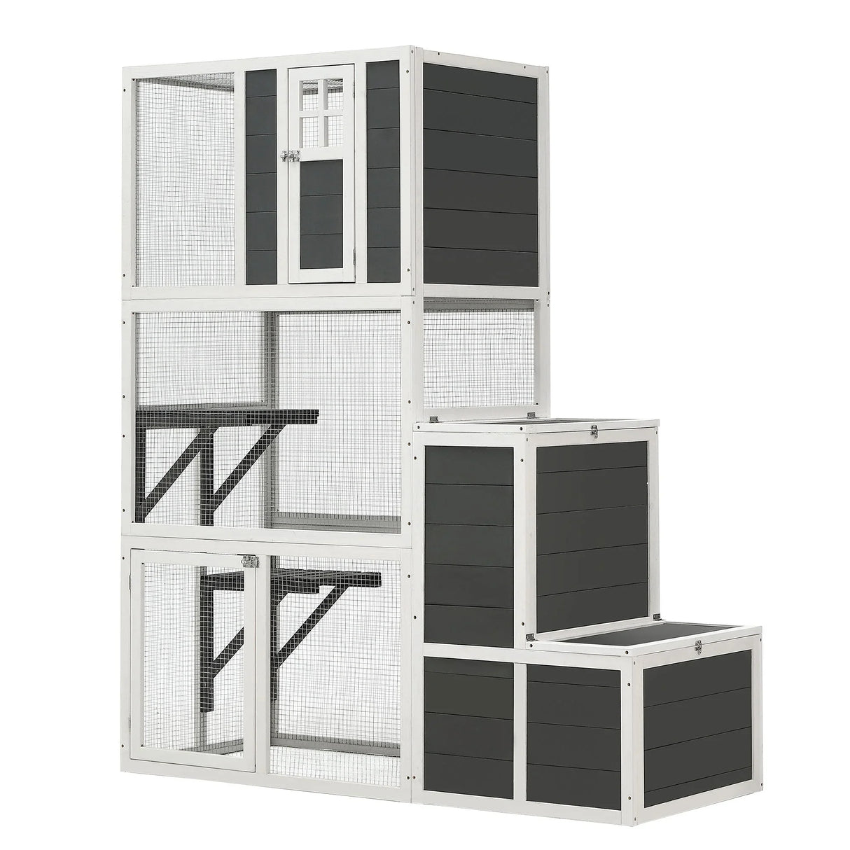 3 Tier Wooden Outdoor & Indoor Cat House Suitable For 1-3 Cats Cat Enclosure Resting Box With 4 Platforms And 2 Doors Cat Shelter Kitty House With A Jump Box For Hiding And Resting Cat Cage - Gray - Furniture Home Direct