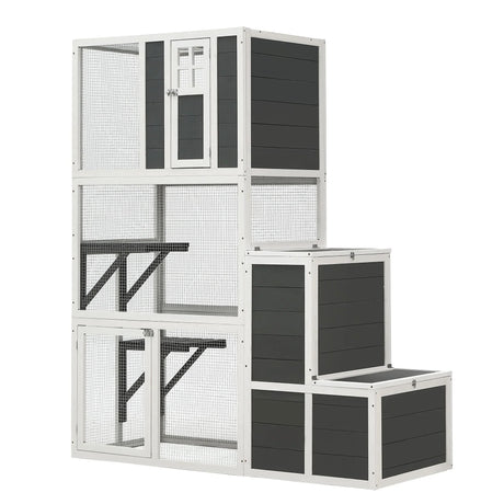 3 Tier Wooden Outdoor & Indoor Cat House Suitable For 1-3 Cats Cat Enclosure Resting Box With 4 Platforms And 2 Doors Cat Shelter Kitty House With A Jump Box For Hiding And Resting Cat Cage - Gray - Furniture Home Direct