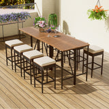 Outdoor Acacia Wood Bar Height Table And Eight Stools With Cushions - Furniture Home Direct