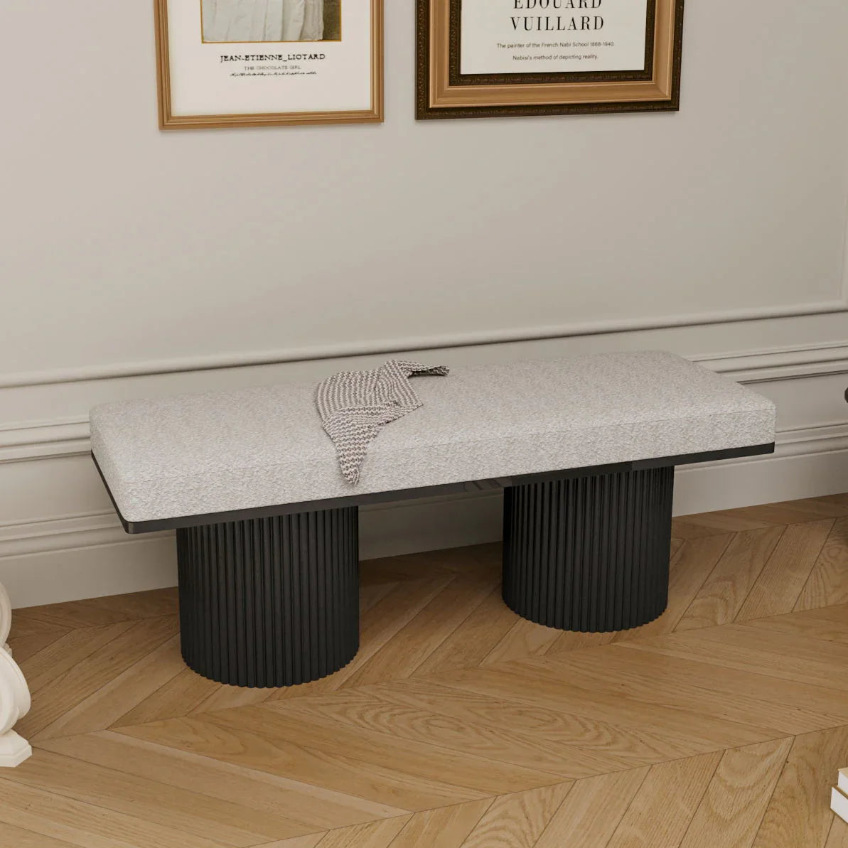 Upholstered Bench With Black Chunky Legs Boucle Contemporary Style Bed-End Bench For Bedroom Living Room - Light Gray - Furniture Home Direct