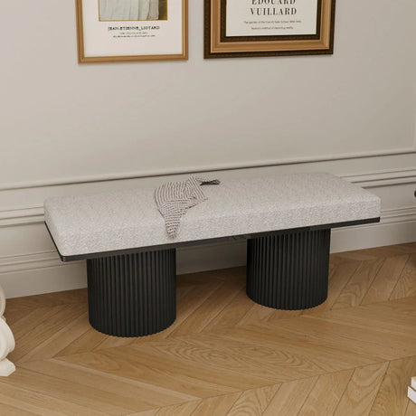 Upholstered Bench With Black Chunky Legs Boucle Contemporary Style Bed-End Bench For Bedroom Living Room - Light Gray - Furniture Home Direct