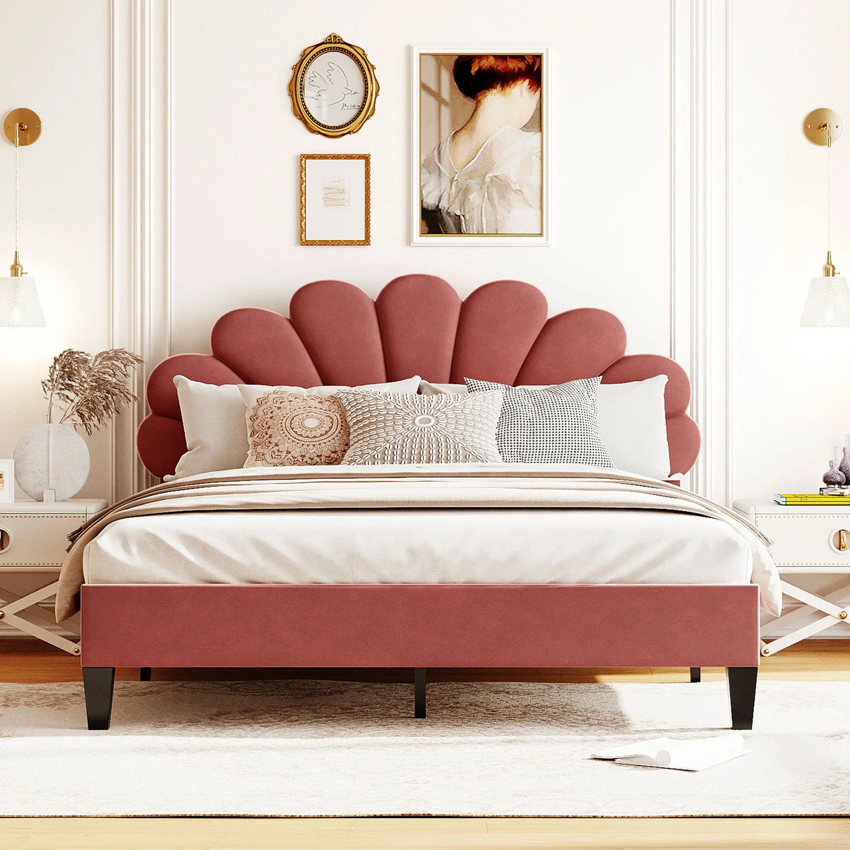 Upholstered Platform Bed With Flower Pattern Velvet Headboard - Furniture Home Direct