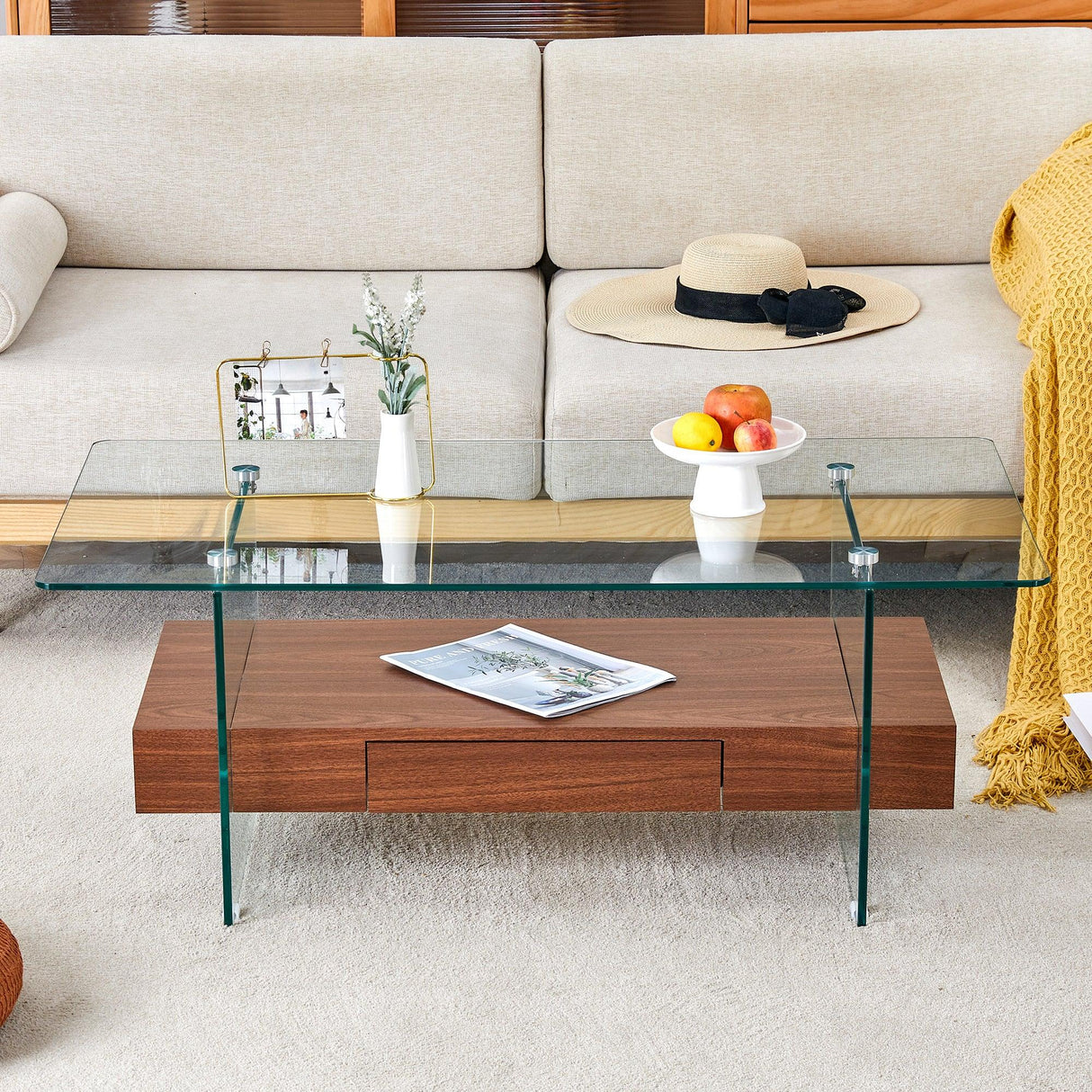 Coffee Table Two Tier Glass Top With Drawer Dark Walnut - Furniture Home Direct