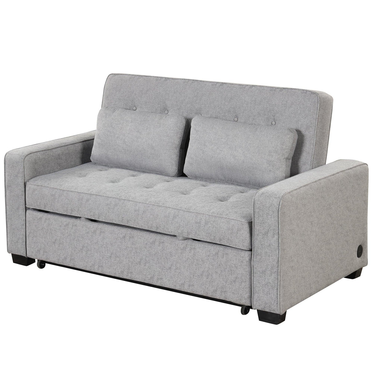 66.5" Upholstered Loveseat With Pull Out Bed, Two Throw Pillows, Dual USB Charging Port and Adjustable Backrest - Light Gray - Furniture Home Direct