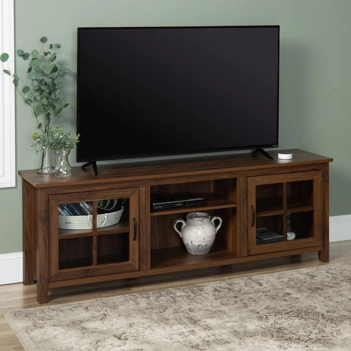 Modern Farmhouse 2 Door Glass Windowpane 70" TV Stand For 80" TVs - Furniture Home Direct