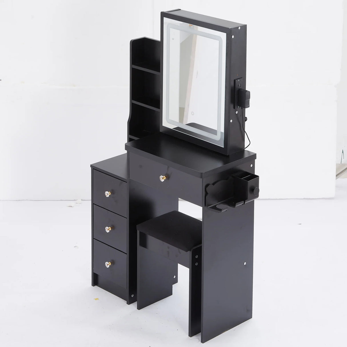 Vanity Desk With Cushioned Stool Lighted Mirror Black - Furniture Home Direct