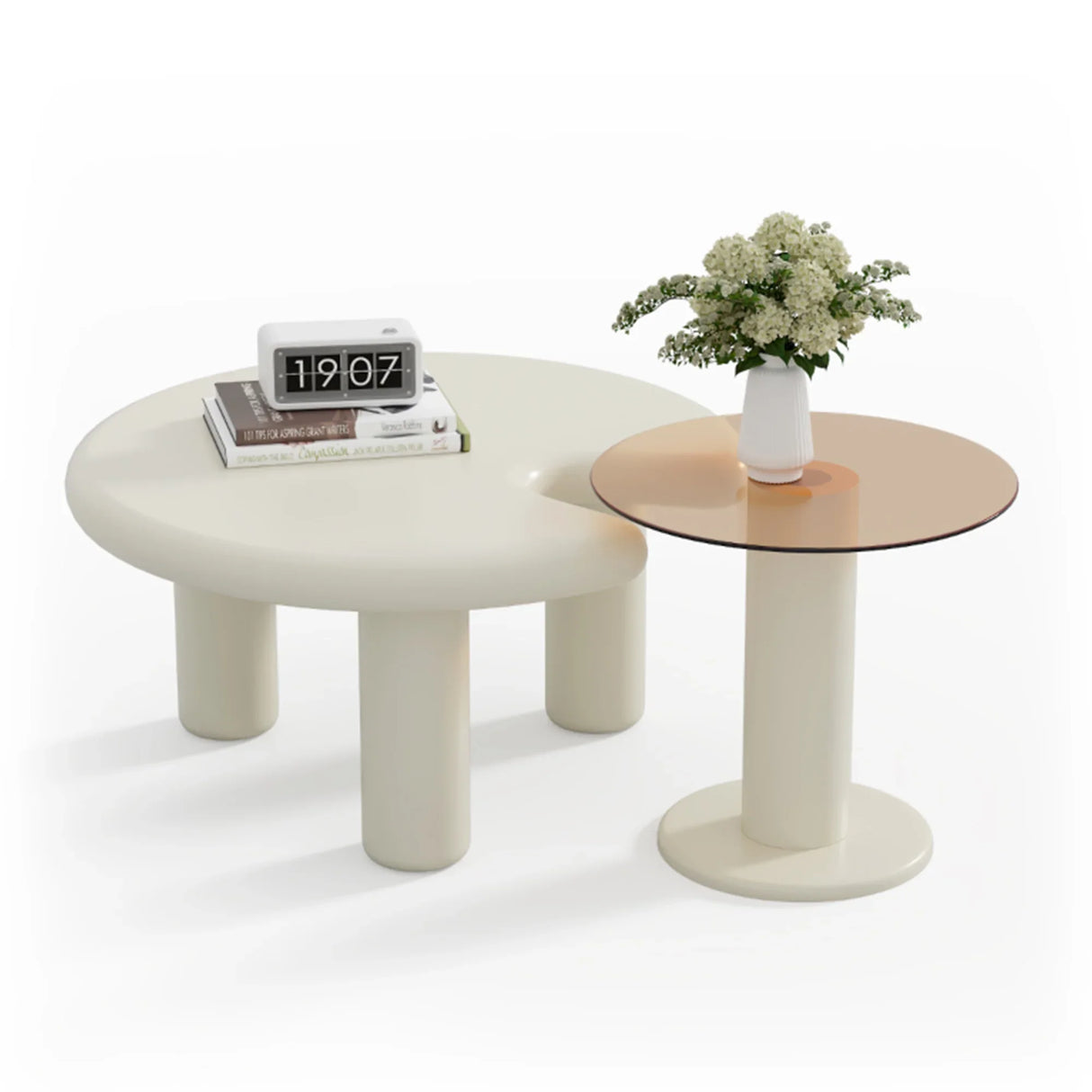 Nesting Coffee Tables Modern Round MDF Glass Beige Amber - Furniture Home Direct