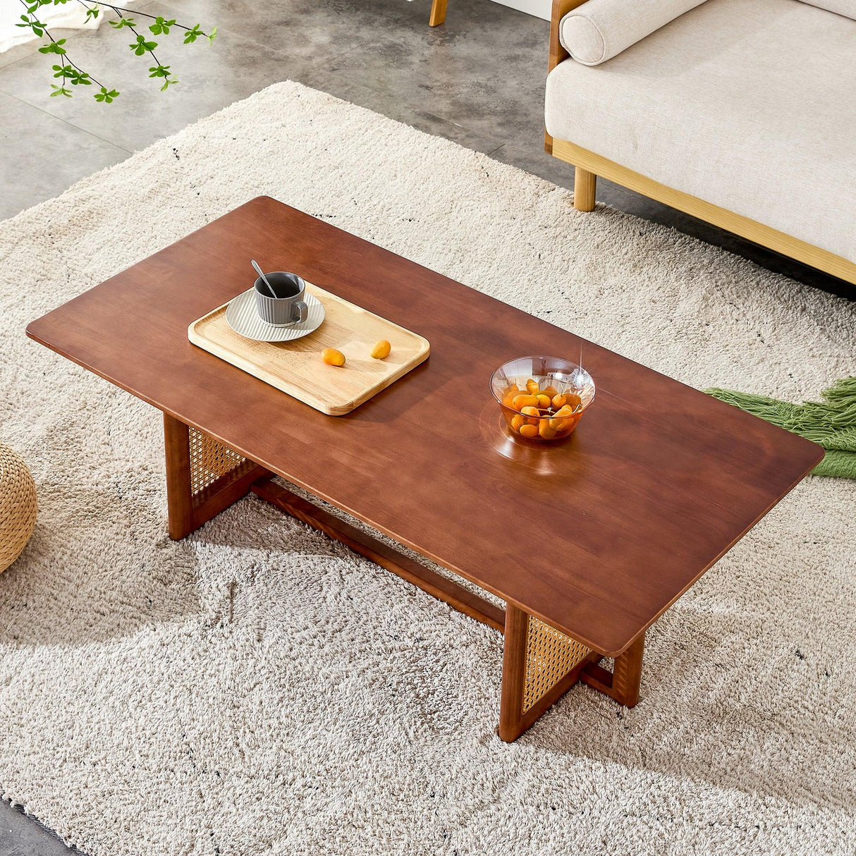 Coffee Table Solid Wood With Rattan Panel Sides Walnut - Furniture Home Direct