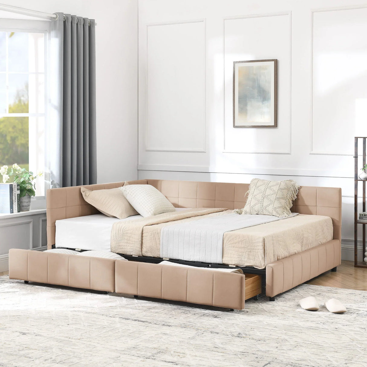 Mid-Century Storage Upholstered Tufted Bed Frame With Backrest And Armrests - Furniture Home Direct