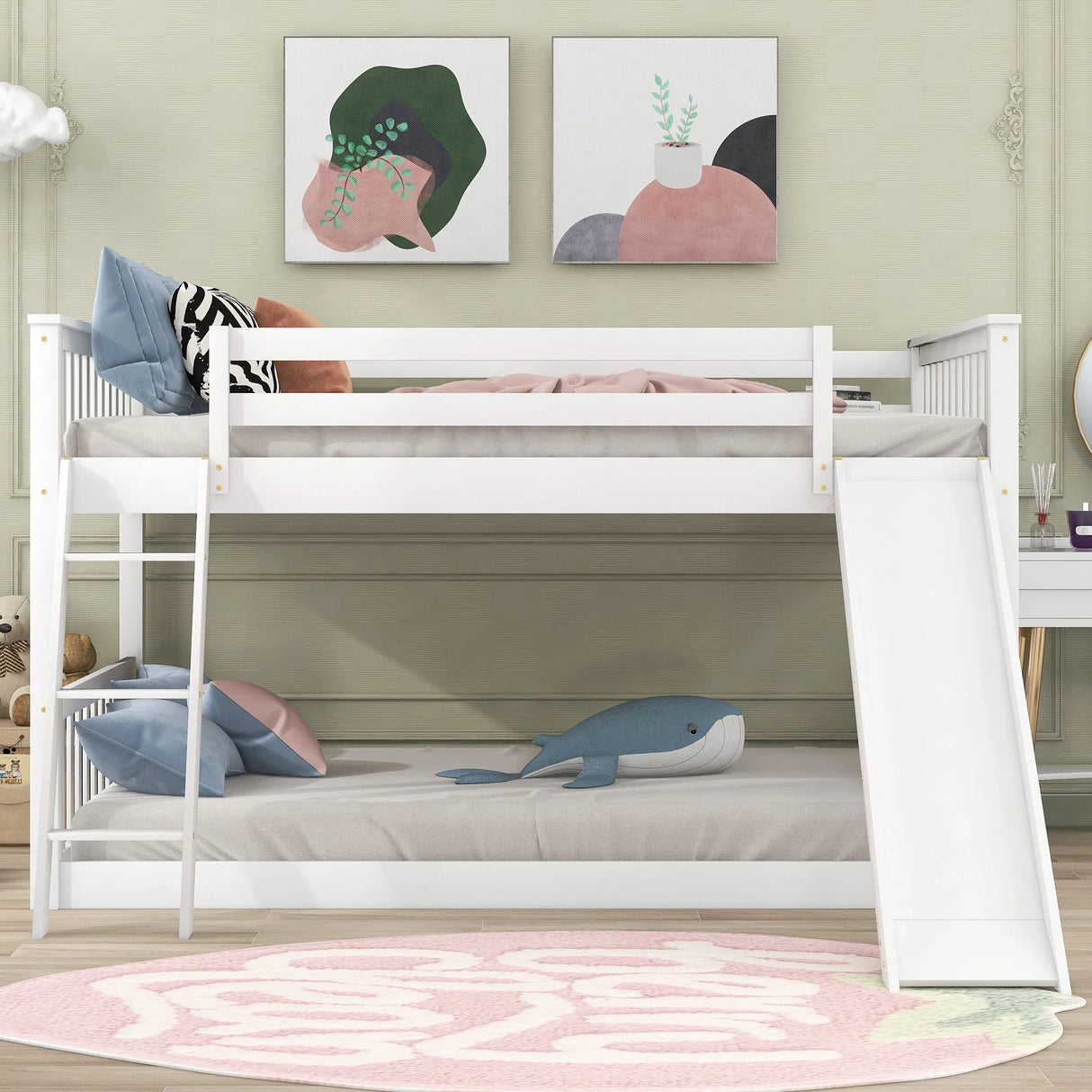 Full Over Full Bunk Bed With Convertible Slide And Ladder - White - Furniture Home Direct