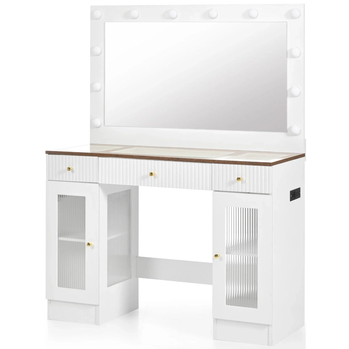Vanity Desk With Large Mirror And Hollywood Bulbs White - Furniture Home Direct