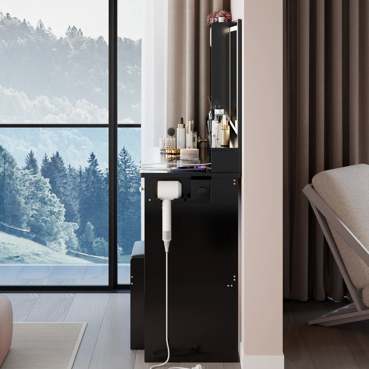 Vanity Desk With Cushioned Stool And Mirror Set Black - Furniture Home Direct