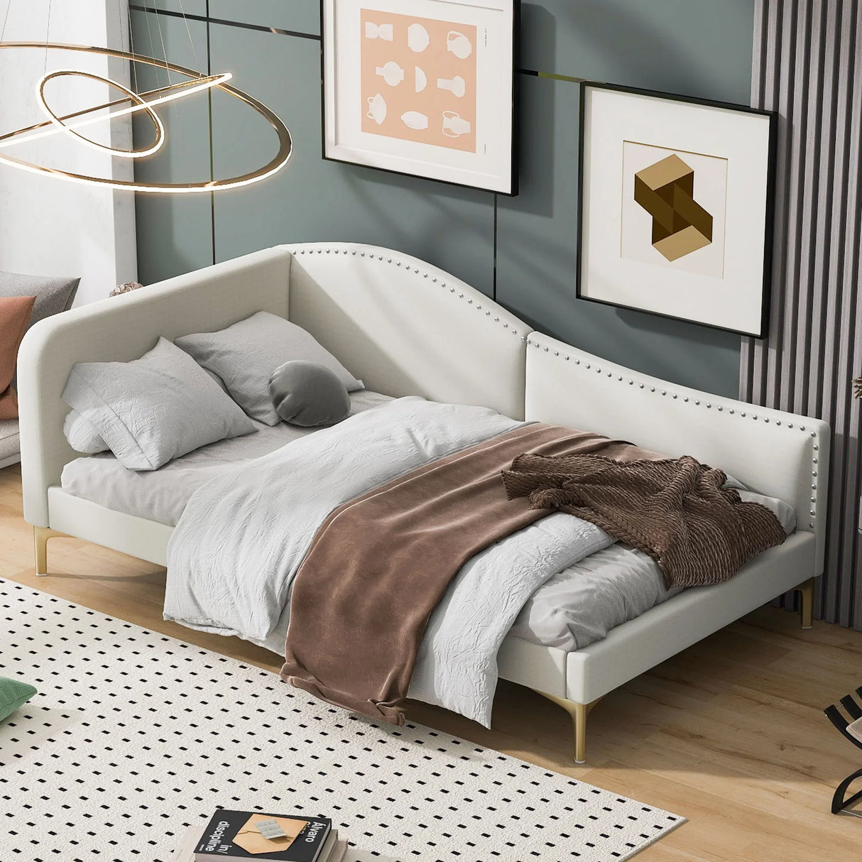 Upholstered Daybed With Headboard And Armrest, Support Legs - Furniture Home Direct