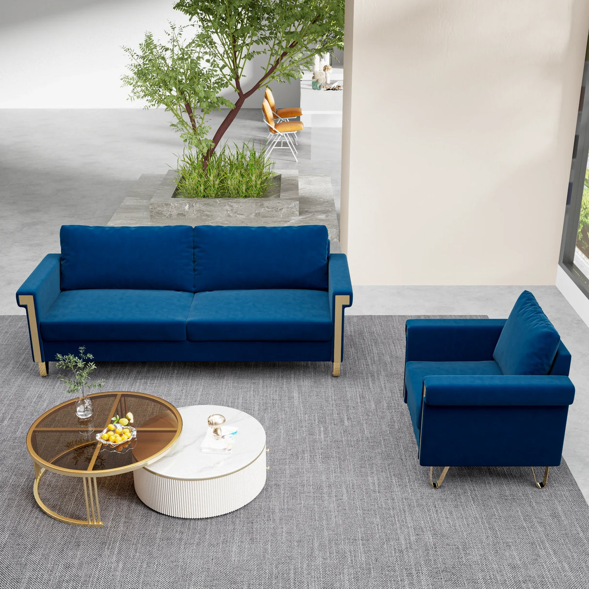 2 Piece Living room Set With Sofa and Chair, Velvet Blue - Furniture Home Direct
