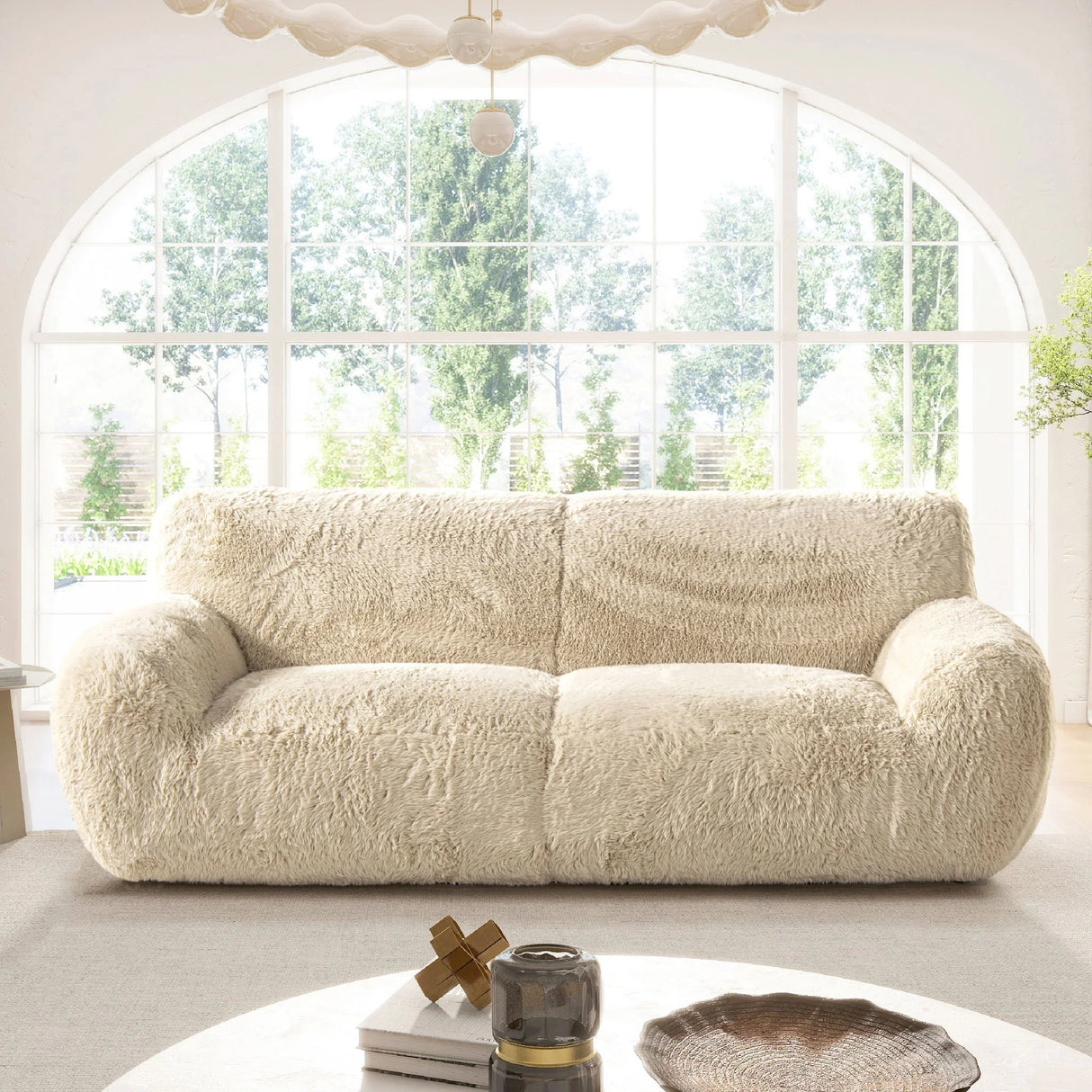 Summit - Faux Sheepskin Overstuffed Sofa - Cream Beige - Furniture Home Direct