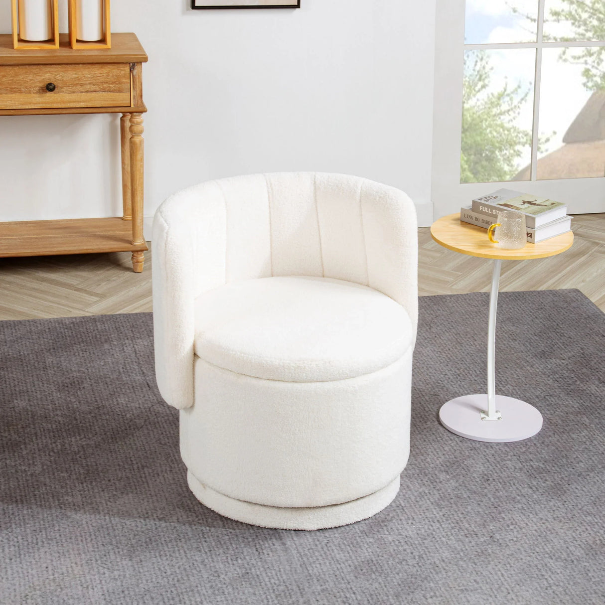Modern 360 Degree Swivel Back Sofa Chair With Storage Space Boucle, Perfect For Bedroom And Living Room - Beige - Furniture Home Direct