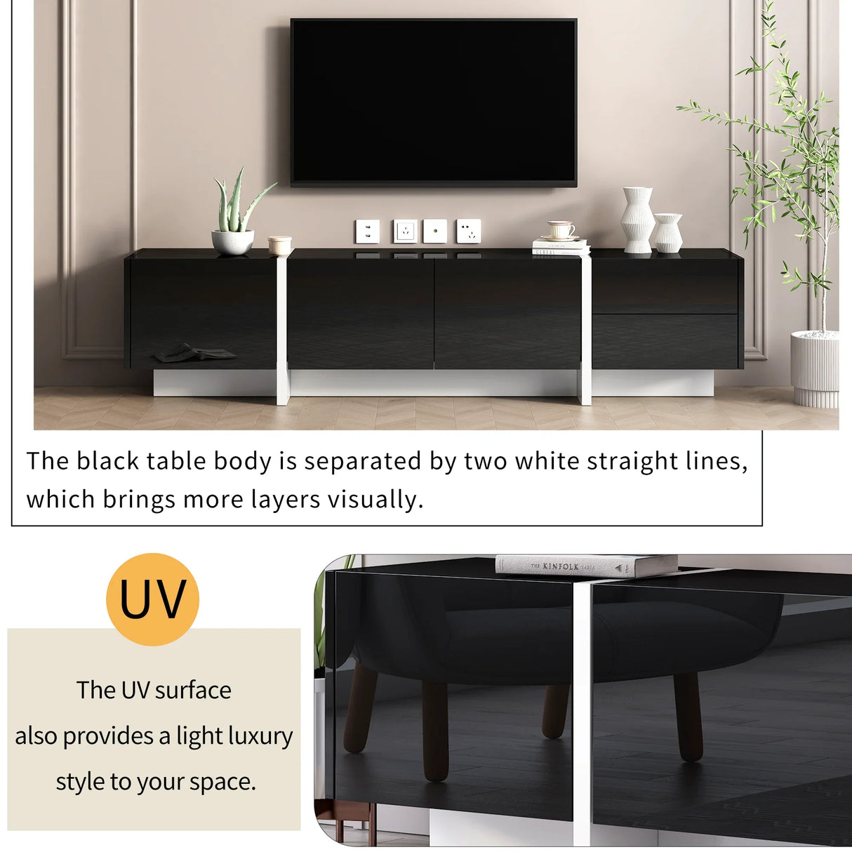 TV Stand High Gloss Console 74 Inch Length Modern Black - Furniture Home Direct