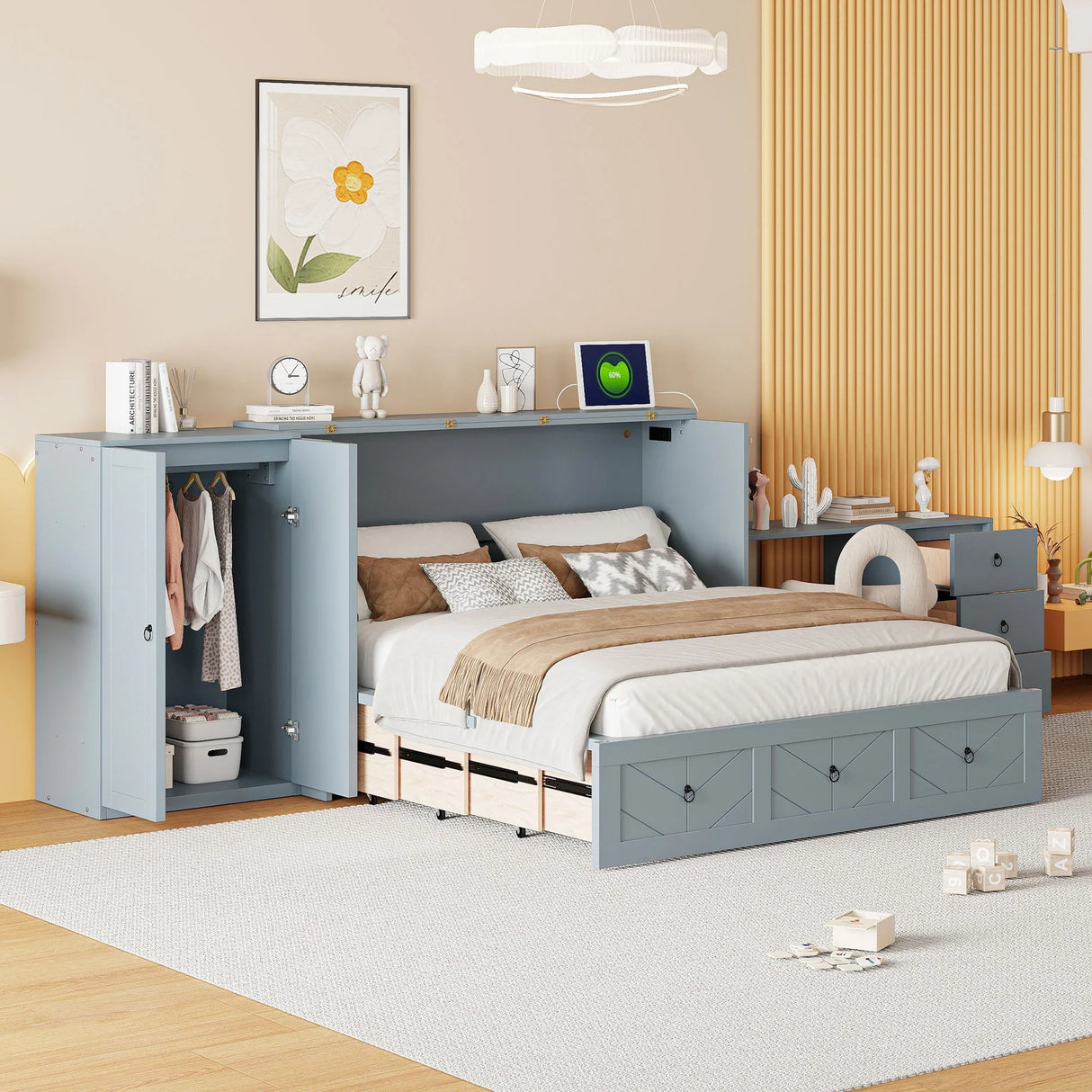 Murphy Bed With USB Port, Large Drawer, And Wardrobe / Desk Combo Versatile Cabinet Bed - Furniture Home Direct