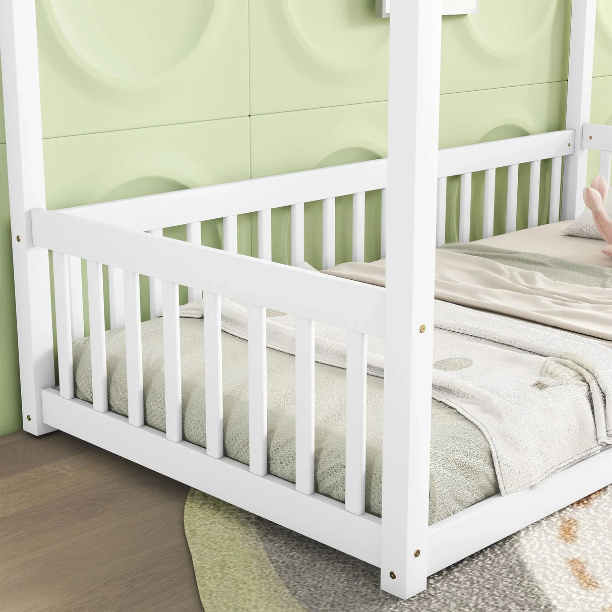 Canopy Frame Floor Bed With Fence, Guardrails - Furniture Home Direct