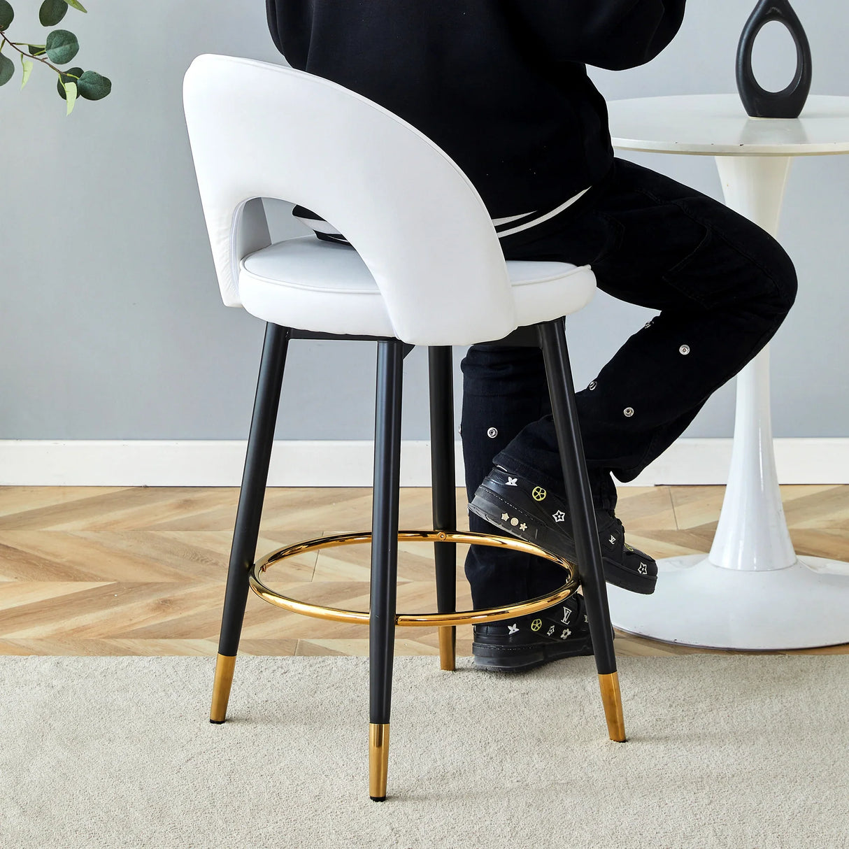 Counter Height Stools Upholstered Gold Footrest White - Furniture Home Direct