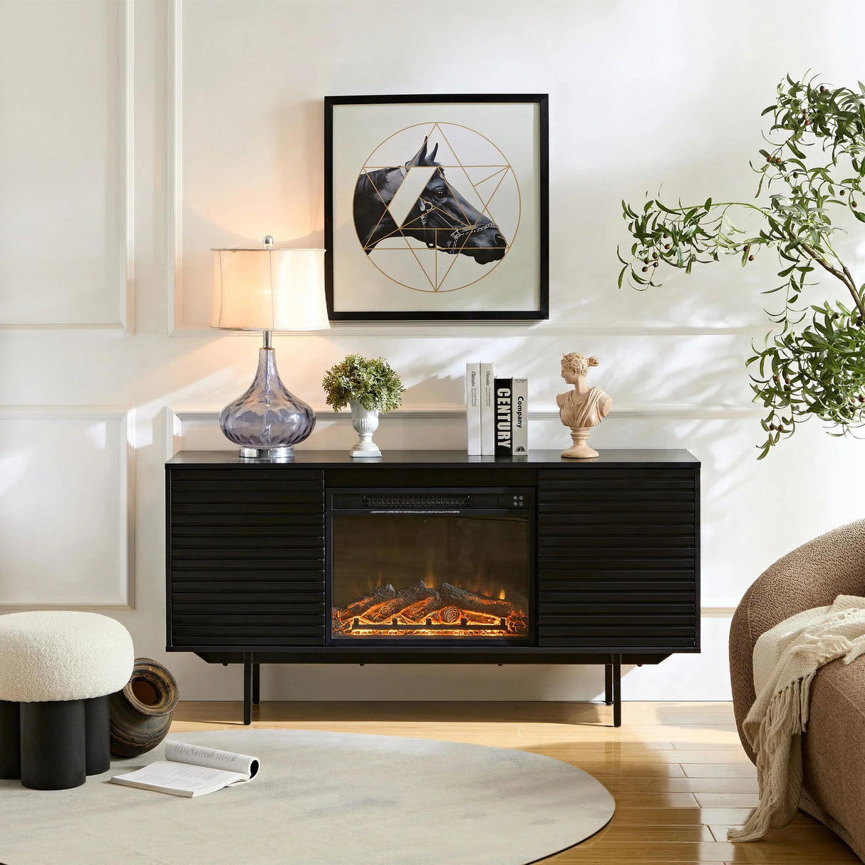 Oak Board Cabinet, The Middle Layer Board On Both Sides Of The Cabinet Can Be Adjusted, The Furnace Is Embedded In The Middle Grid With The Remote Control - Furniture Home Direct