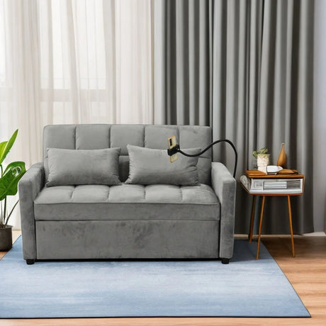3 In 1 Convertible Sleeper Sofa Bed, Modern Velvet Fabric Futon Sofa Couch Pullout Bed, Adjustable Backrest With Three USB Ports, Two Side Pockets, Two Cup Holders And Swivel Phone Holder - Furniture Home Direct