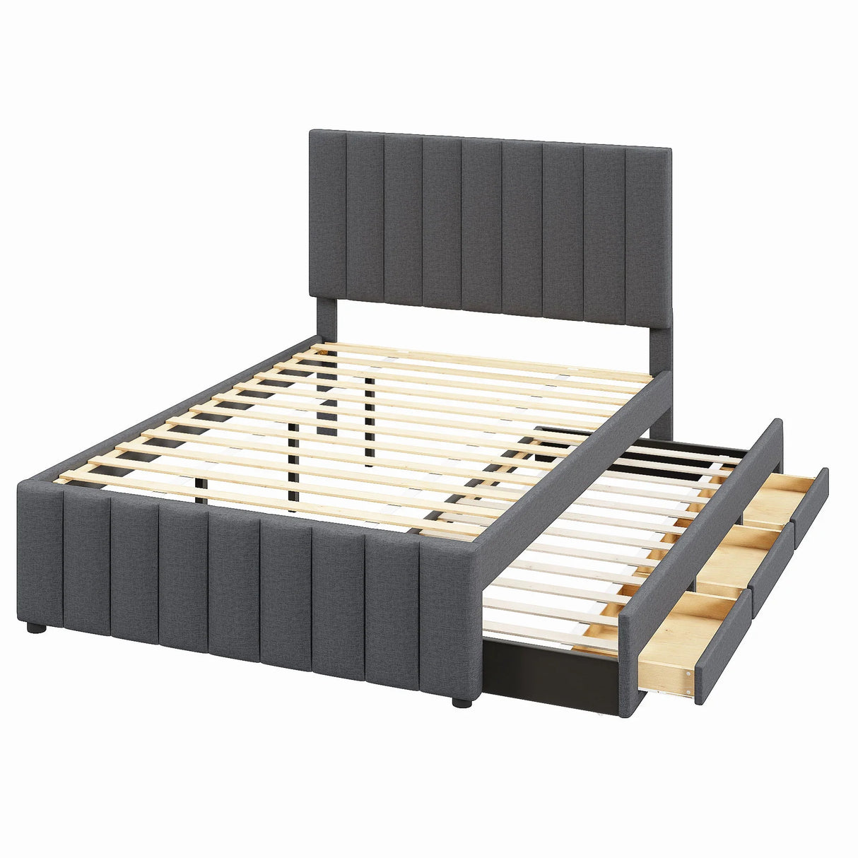 Upholstered Platform Bed With Twin Size Trundle And 3 Drawers - Furniture Home Direct