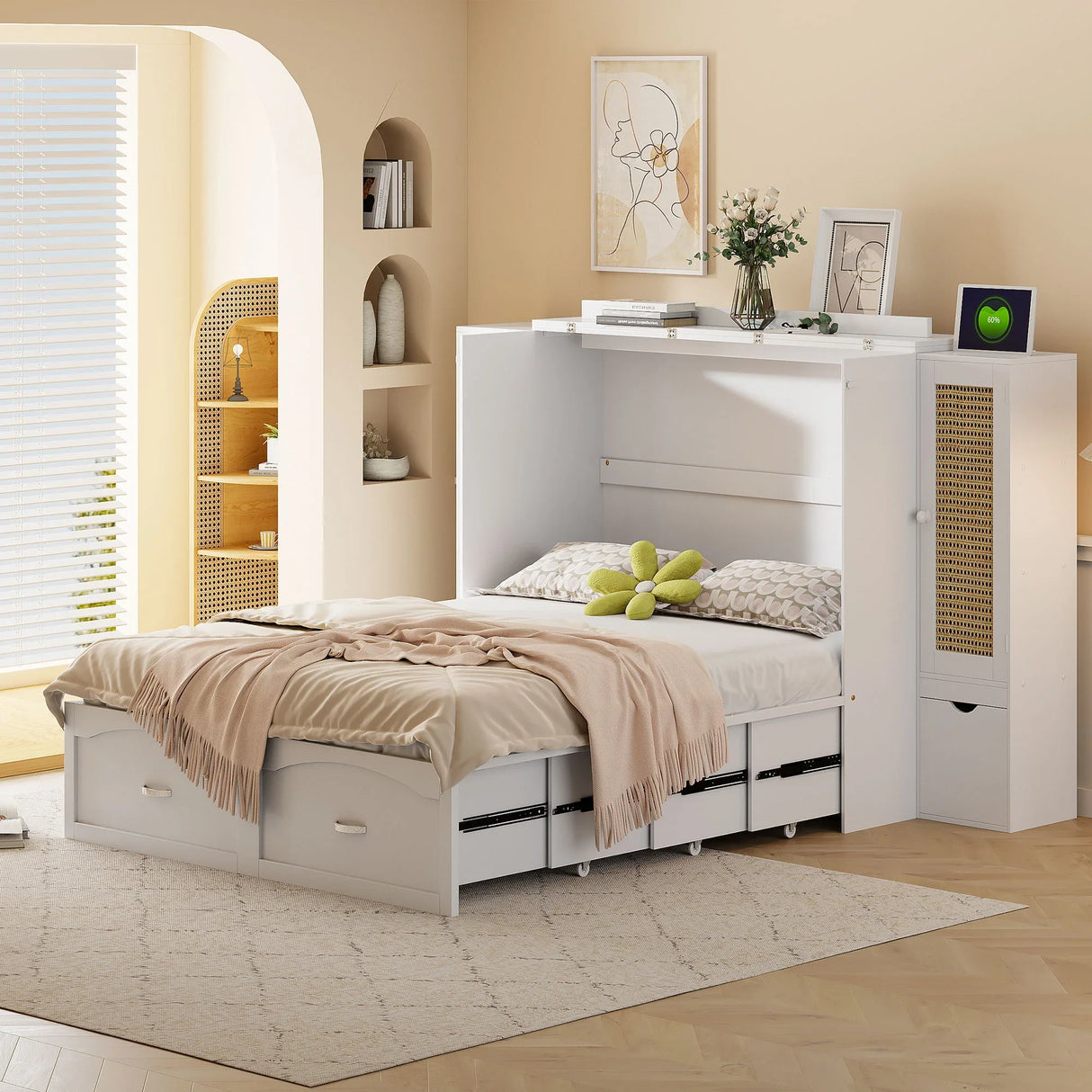 Murphy Wall Bed With Drawer And Rattan Decoration - Furniture Home Direct