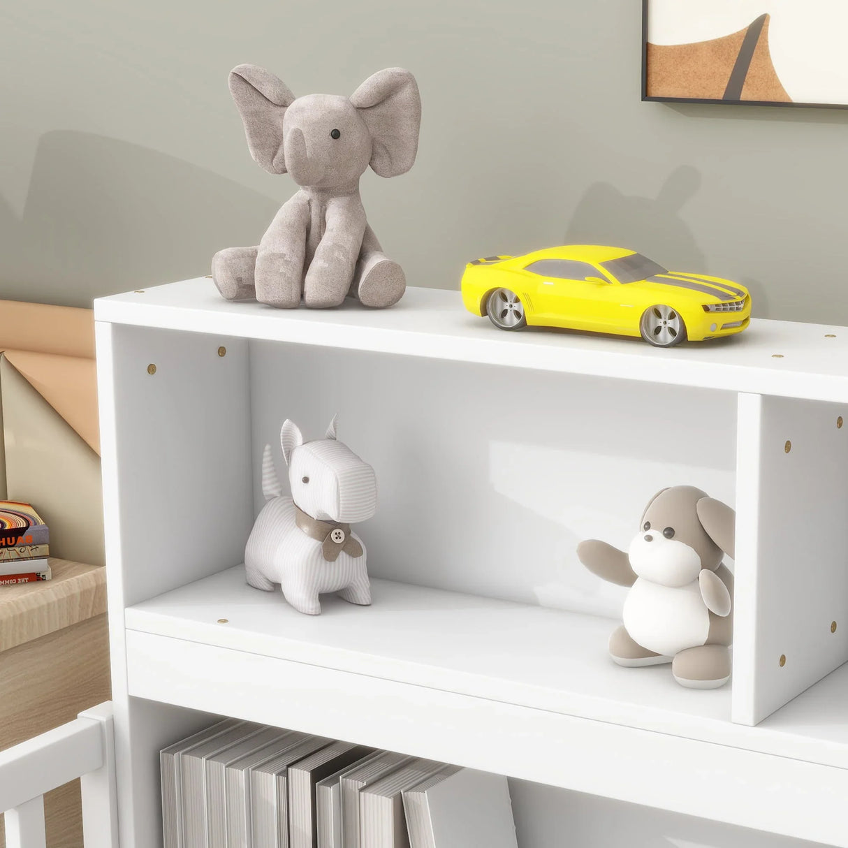 Floor Bed With Bedside Bookcase, Shelves, Guardrails - Furniture Home Direct