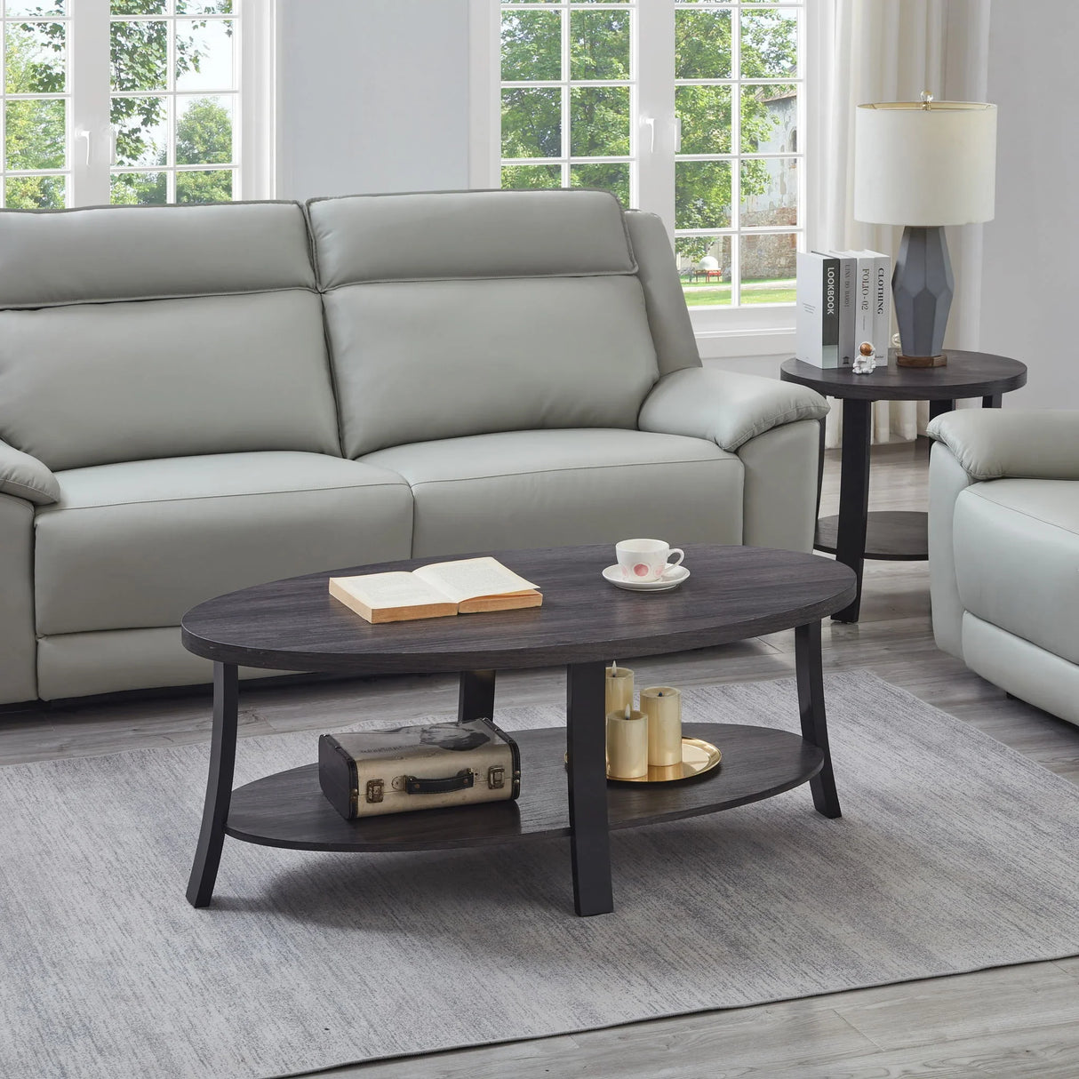 Anze - 3 Piece Coffee Table Set Contemporary Oval Wood Shelf - Charcoal - Furniture Home Direct
