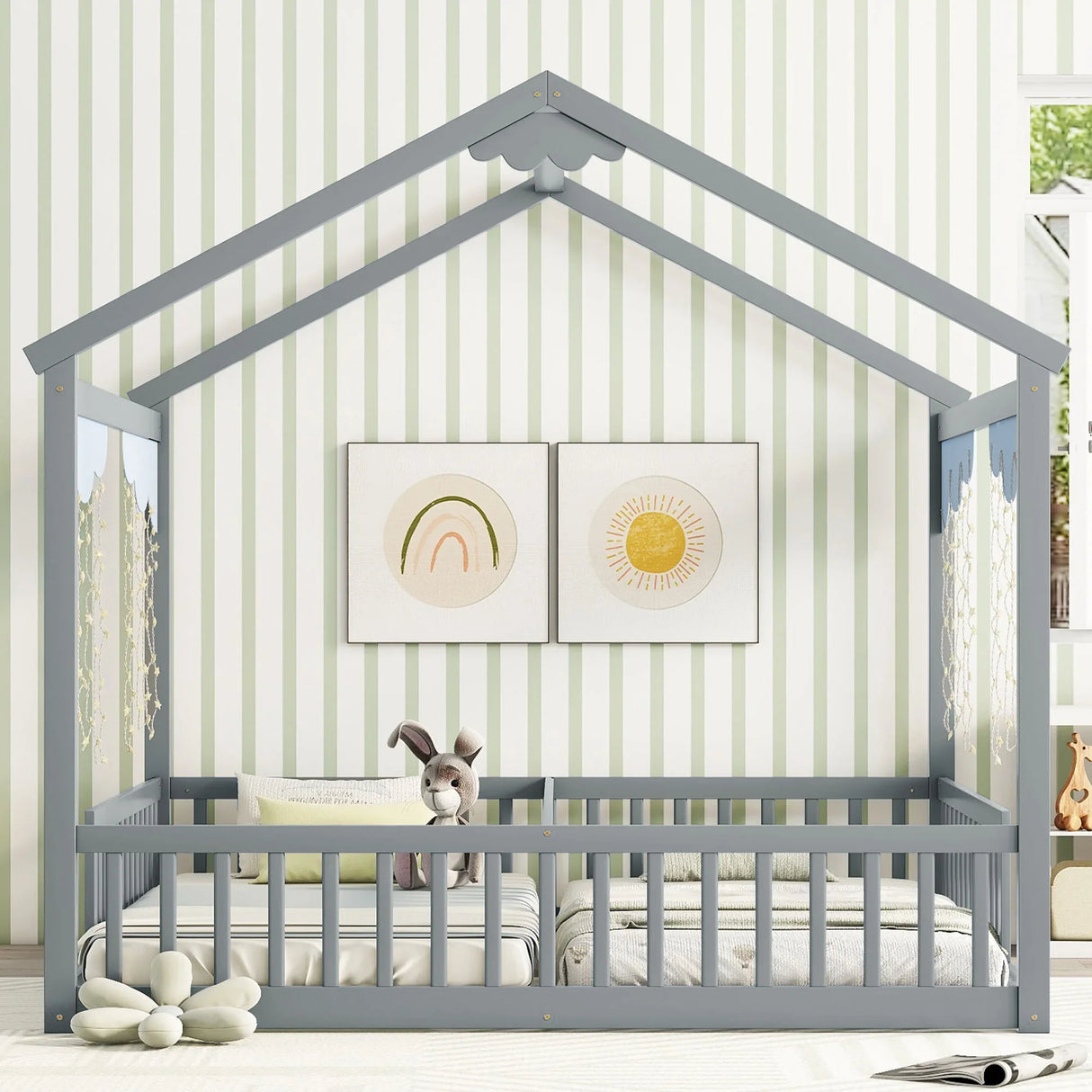 Double Twin House-Style Floor Bed With Fence, Guardrails, Without Door - Furniture Home Direct