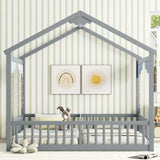 Double Twin House-Style Floor Bed With Fence, Guardrails, Without Door - Furniture Home Direct