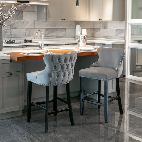 Contemporary Velvet Upholstered Wing-Back Barstools With Button Tufted Decoration And Wooden Legs, And Chrome Nailhead Trim, Leisure Style Bar Chairs, Bar Stools (Set of 2) - Furniture Home Direct