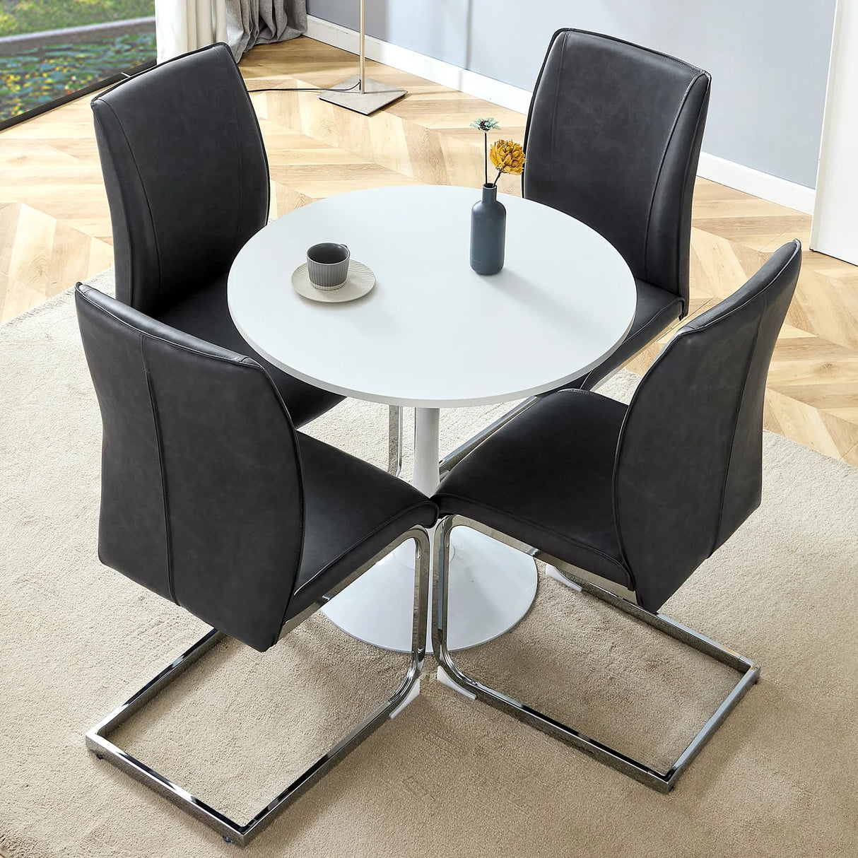 Dining Set Round Table With Black Upholstered Chairs White - Furniture Home Direct