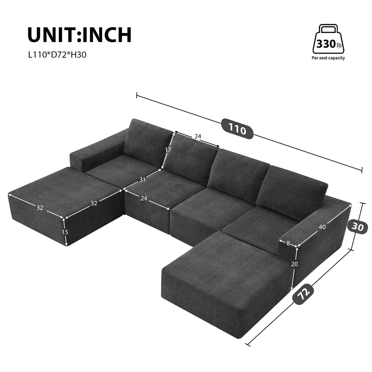 Modular U Shaped Sectional With Ottomans, Luxury Cloud Floor Couch With Deep Seat Fully Compressed Upholstered Sofa - Furniture Home Direct