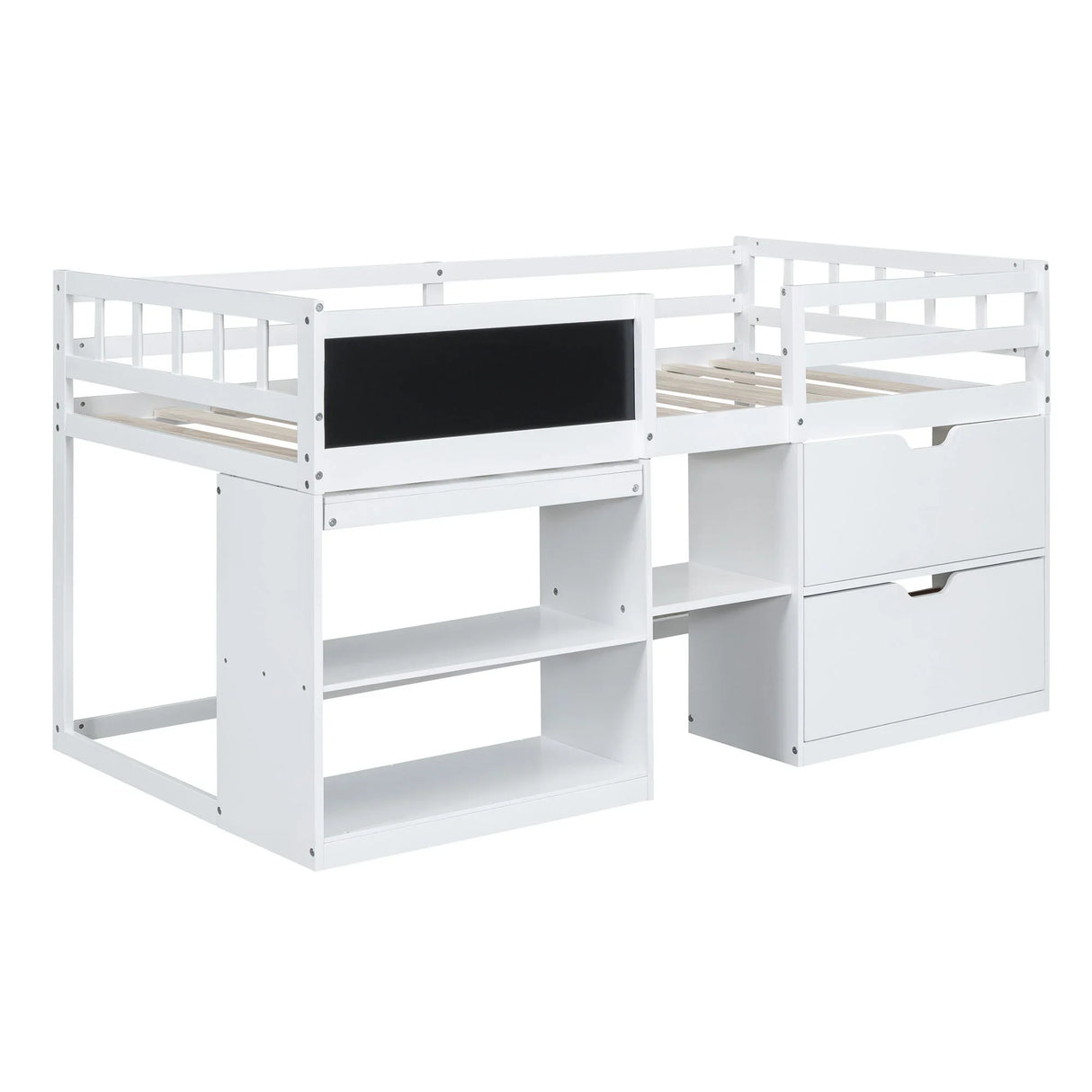 Low Loft Bed With Rolling Desk, Shelf And Drawers - Furniture Home Direct