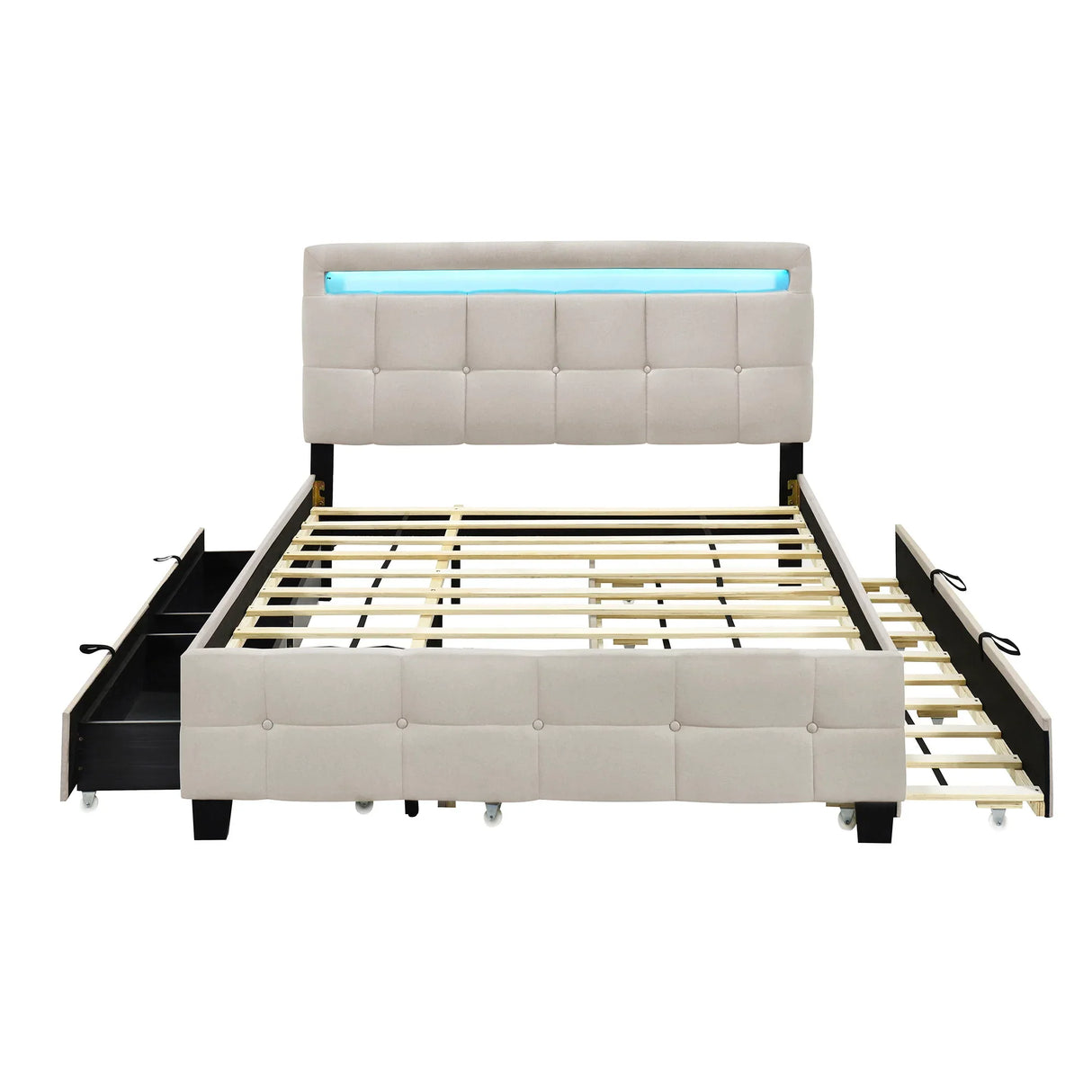 Upholstered Platform Bed With LED Frame, With Trundle And 2 Drawers - Furniture Home Direct
