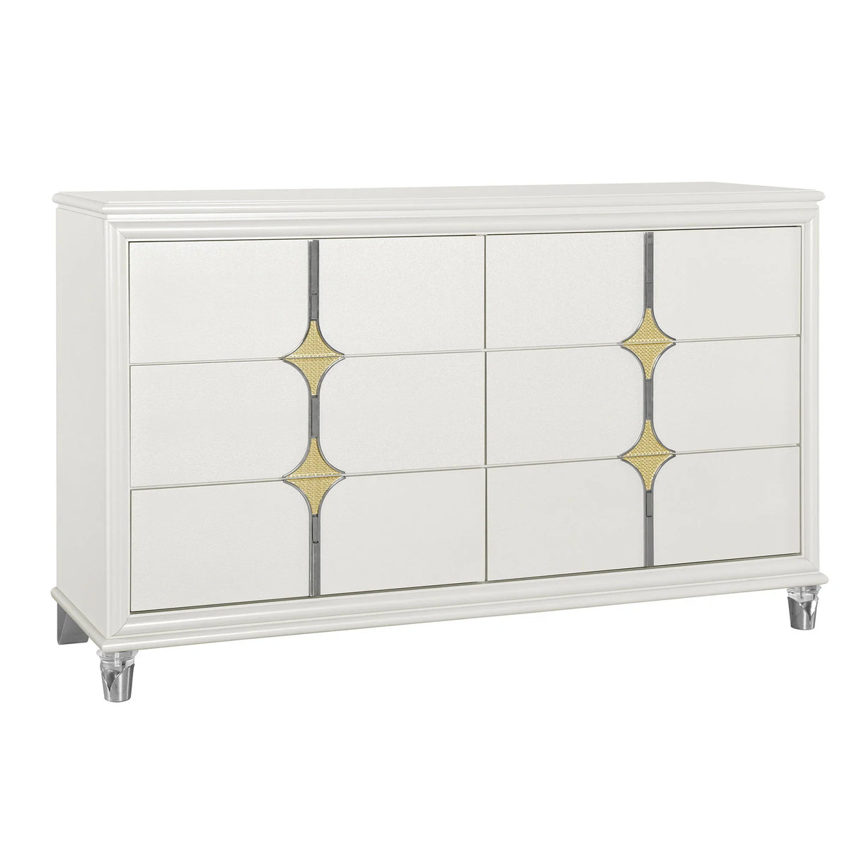 Uriuni - 5 Piece King Bedroom Set With LED Lighting And Panel Headboard - Gold / White - Furniture Home Direct