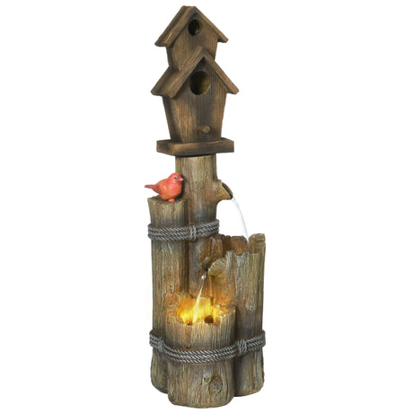 Outsunny - Outdoor Fountain With Birdhouse, Cascading Garden Waterfall Bird Bath With 3 Tier Rustic Tree Trunk / Log Design, LED Lights For Porch, Deck, Yard Decor - Brown - Furniture Home Direct