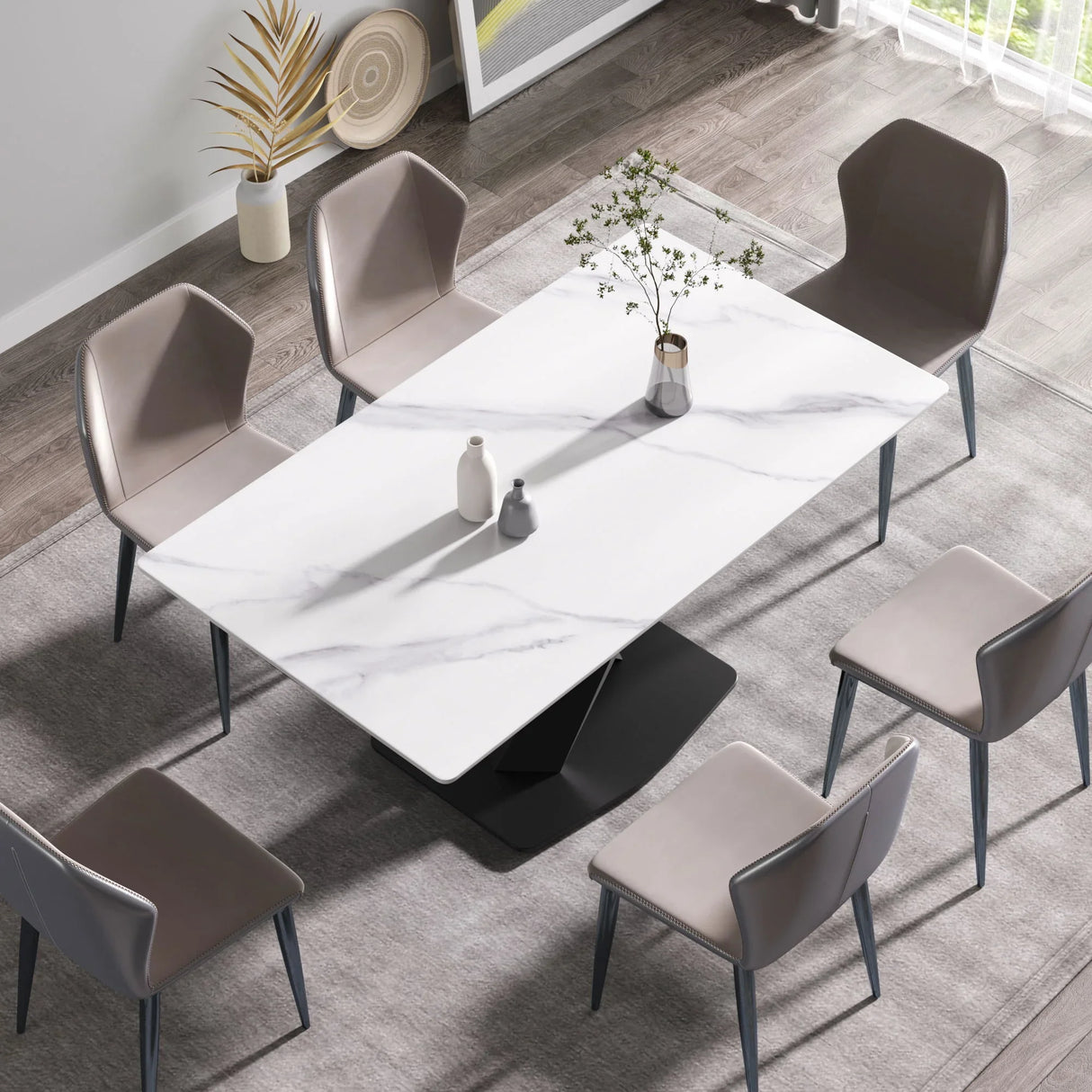 63" Modern Artificial Stone Straight Edge Metal X-Leg Dining Table, 6 People - White / Black - Furniture Home Direct