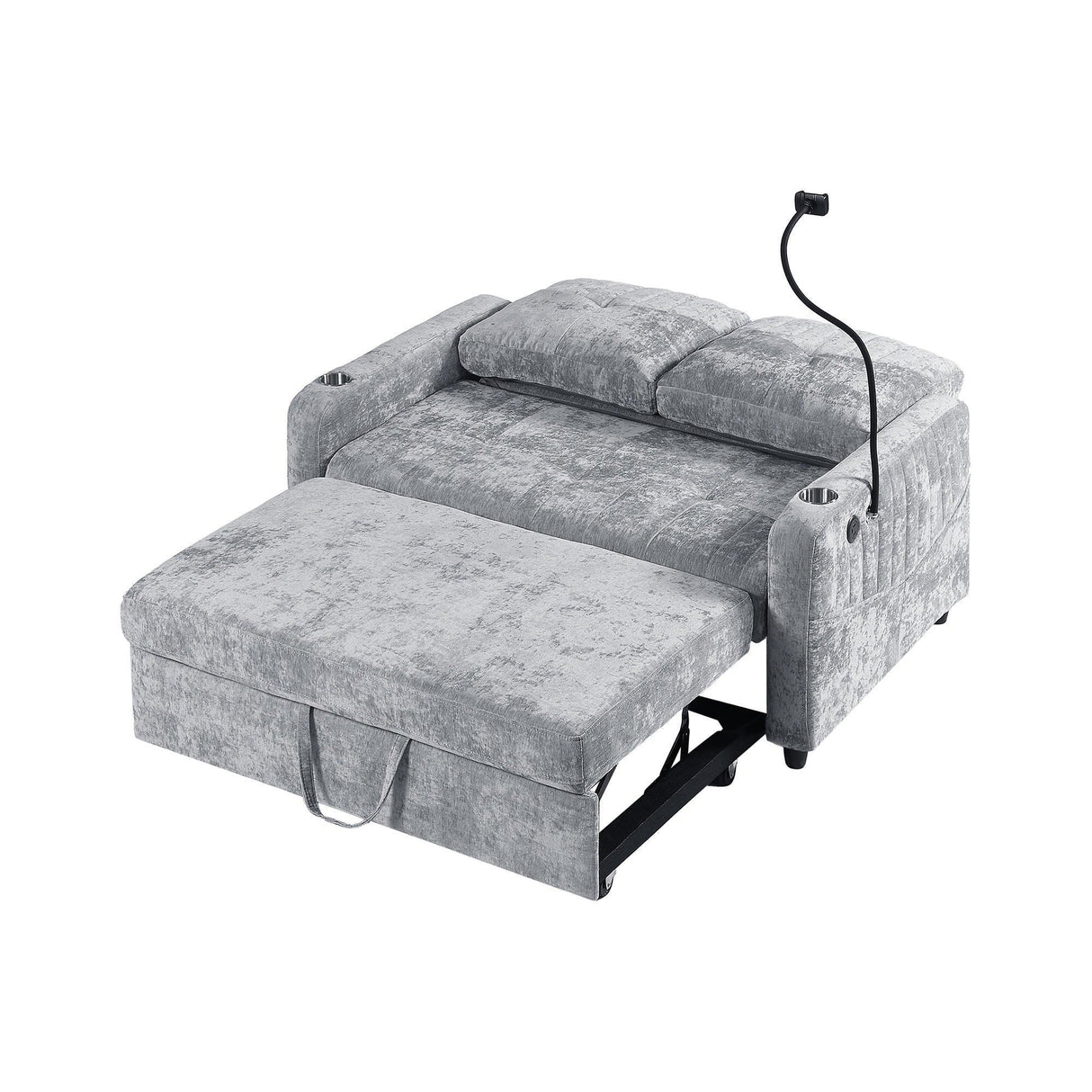 Sleeper Sofa With Adjustable Backrest, Two Cup Holders, Phone Holder, Three Charging Ports And Side Storage Pockets - Gray - Furniture Home Direct