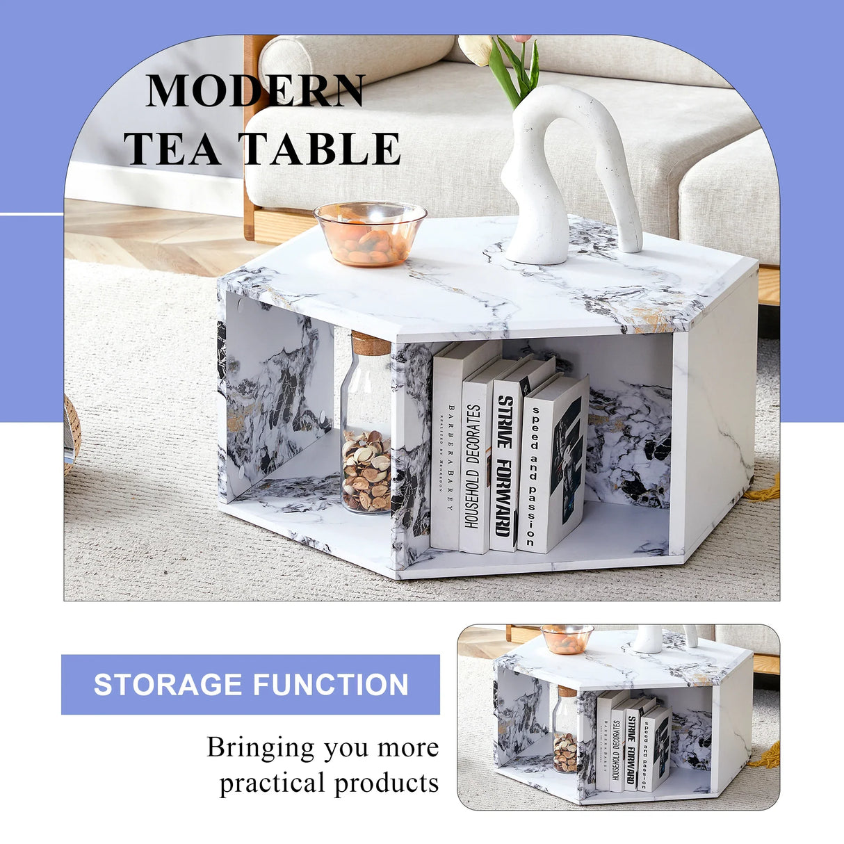 Coffee Table Set Hexagonal Marble Elegant Minimal White - Furniture Home Direct