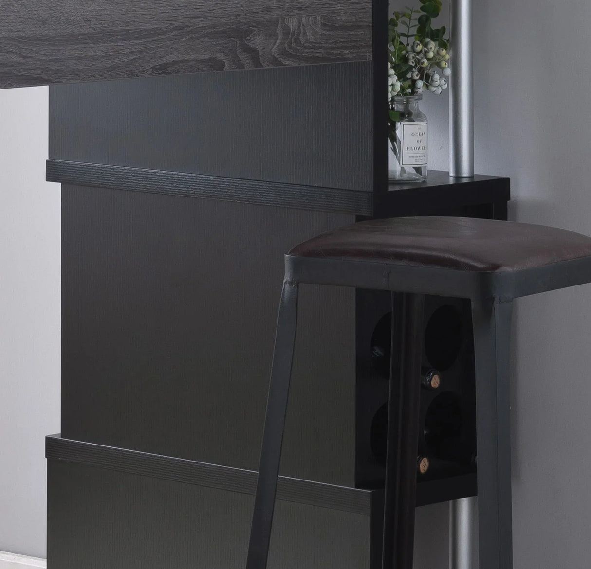 Home Bar Table With Wine Glass Compartment And Three Shelves - Distressed Gray / Black - Furniture Home Direct